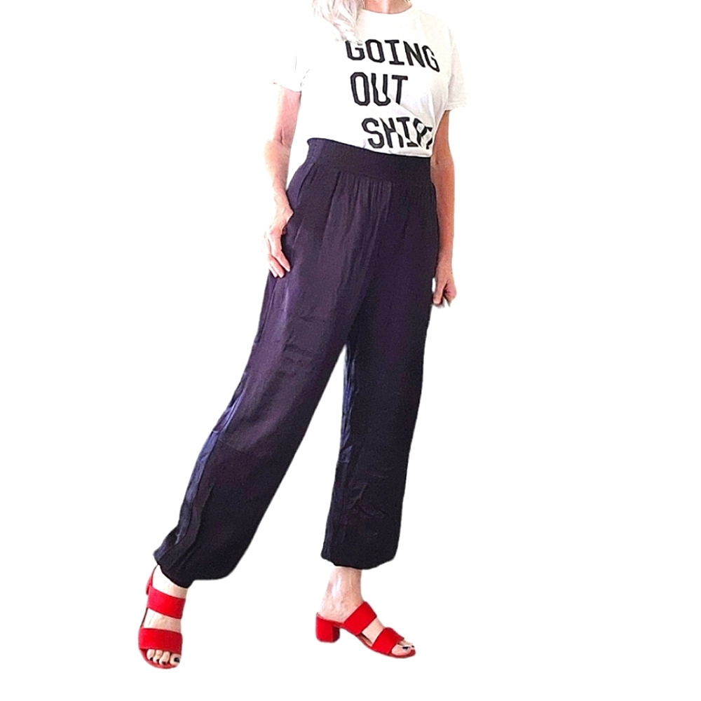 Pinko Satiny Elasticized Cuffed Travel High Waisted Pants Sz S black